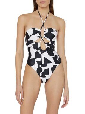 Milly Cabana Modern Geo Print Looped Cutout One-Piece Swimsuit